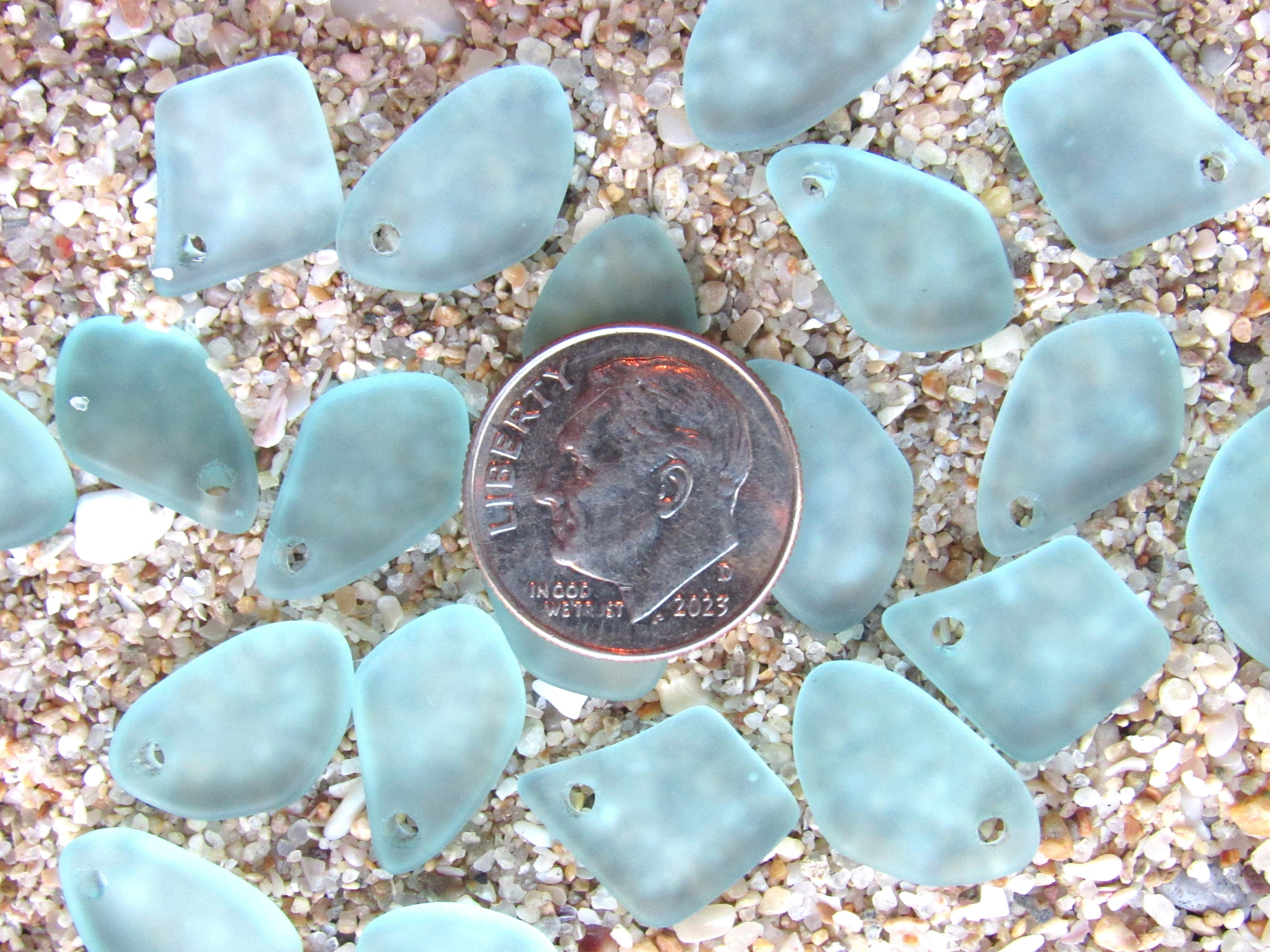 15mm Flat Frosted Sea Glass Finish Pendants - Light Seafoam Small top drilled - Jewelry Making Supplies