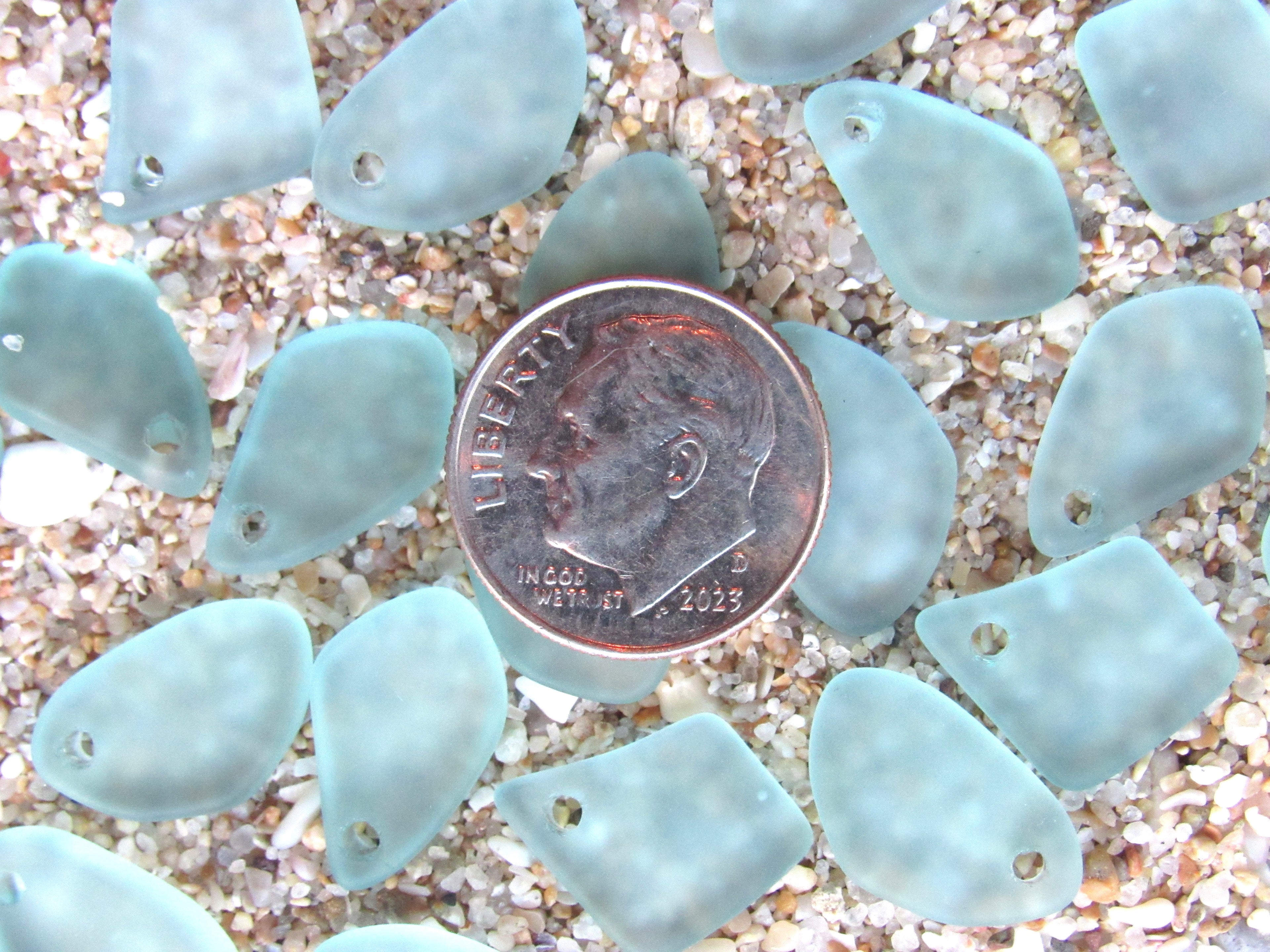 15mm Flat Frosted Sea Glass Finish Pendants - Light Seafoam Small top drilled - Jewelry Making Supplies