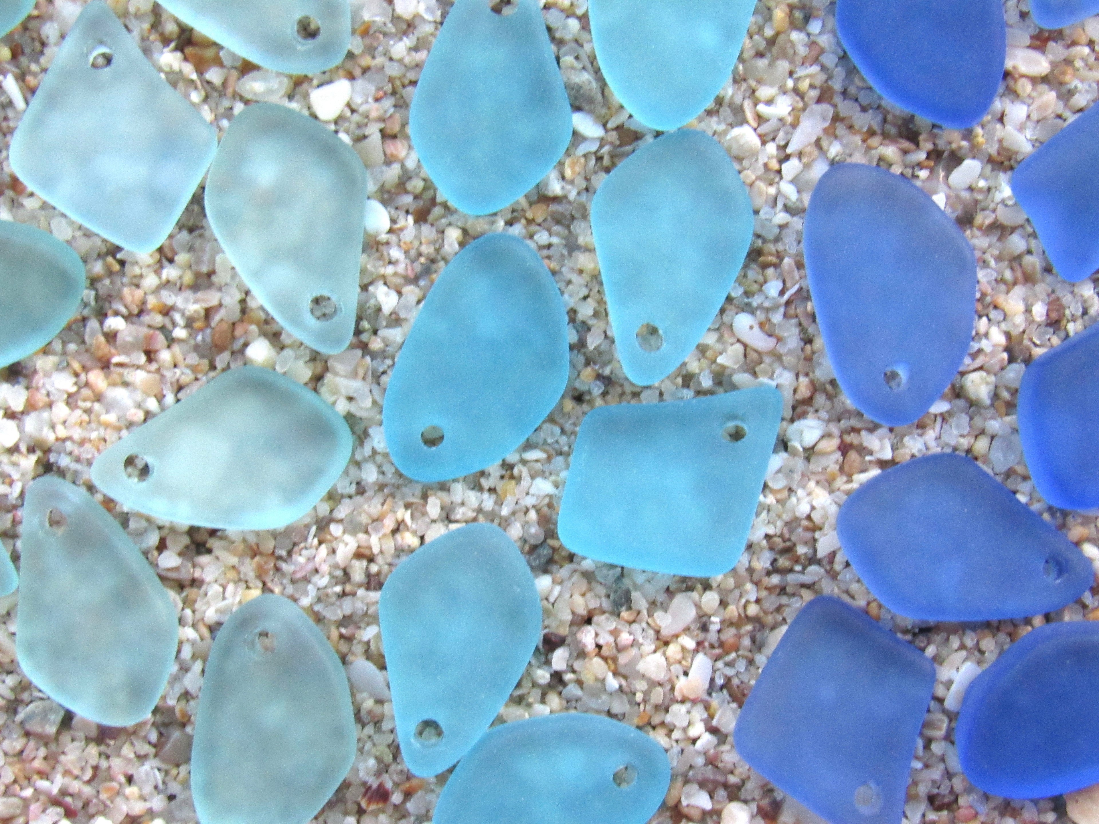 15mm Flat Frosted Sea Glass Finish Pendants - Light Blue 3 colors - Small top drilled - Jewelry Making Supplies