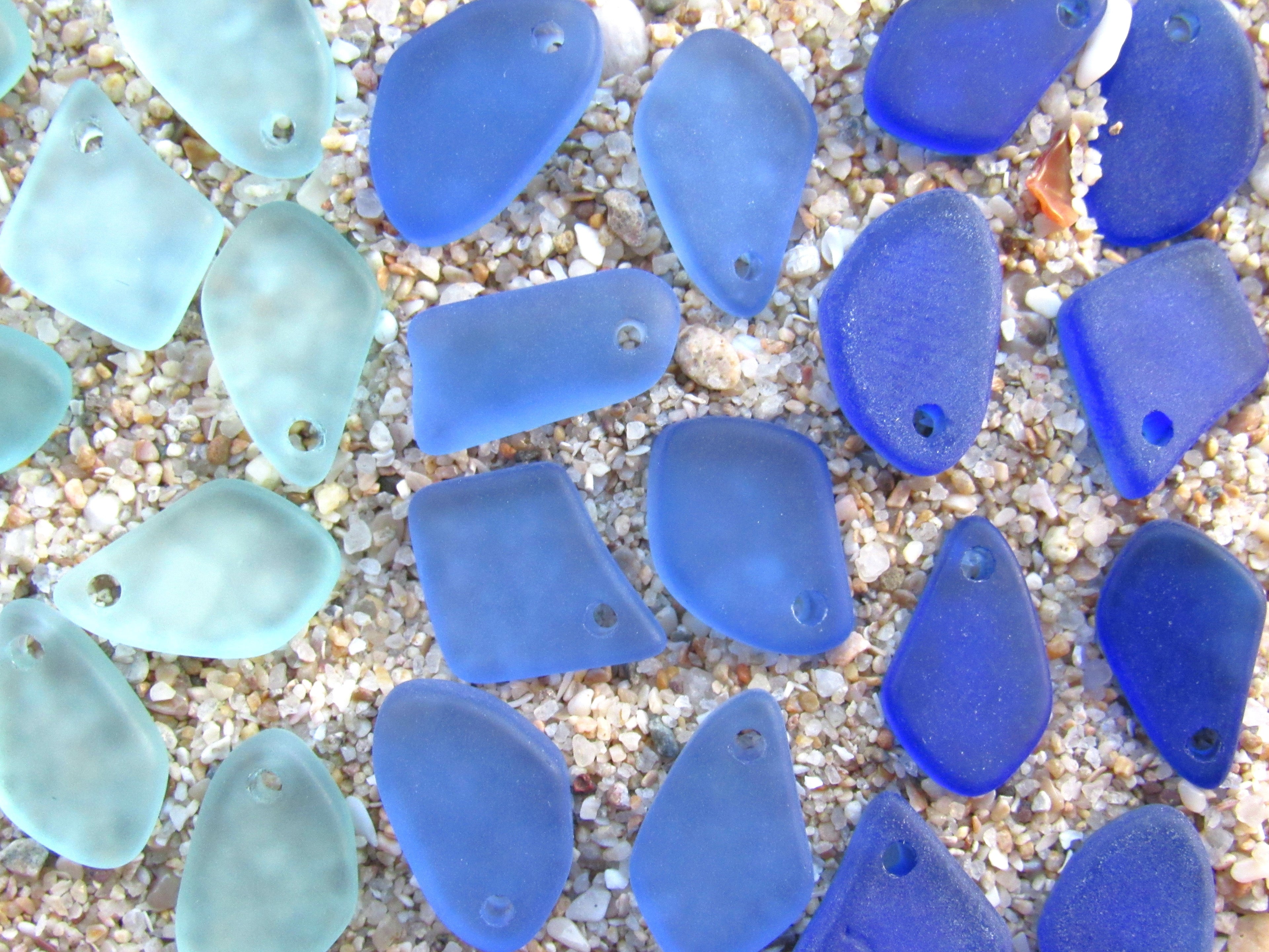 15mm Flat Frosted Sea Glass Finish Pendants - Blue 3 colors - Small top drilled beads - Jewelry Making