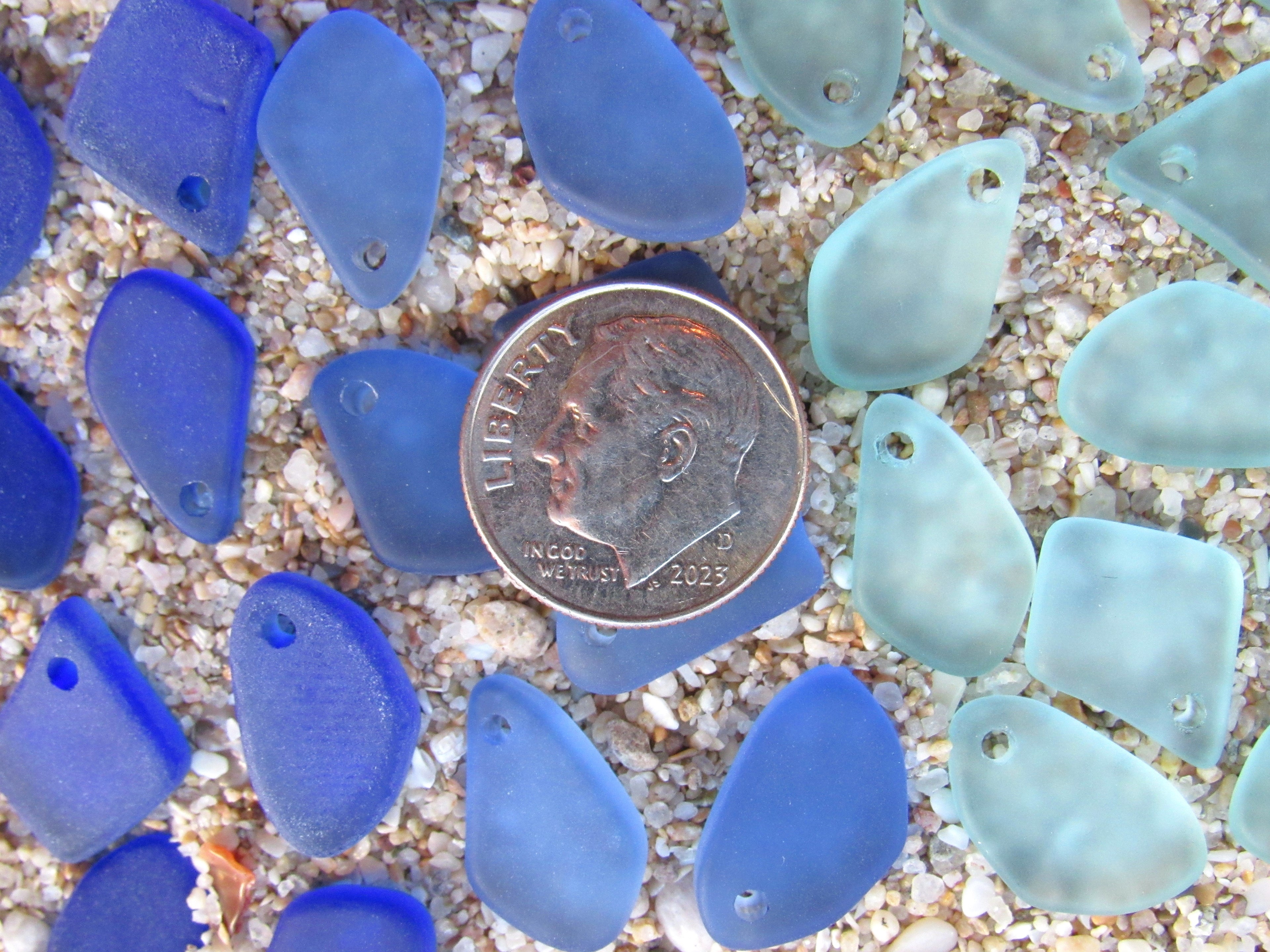 15mm Flat Frosted Sea Glass Finish Pendants - Blue 3 colors - Small top drilled beads - Jewelry Making