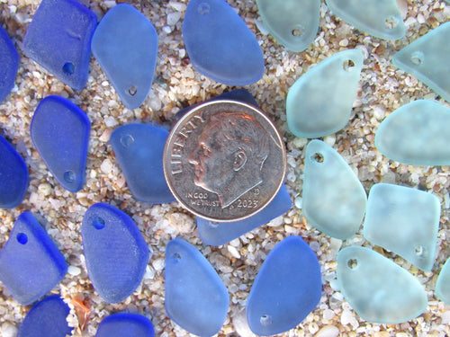 15mm Flat Frosted Sea Glass Finish Pendants - Blue 3 colors - Small top drilled beads - Jewelry Making