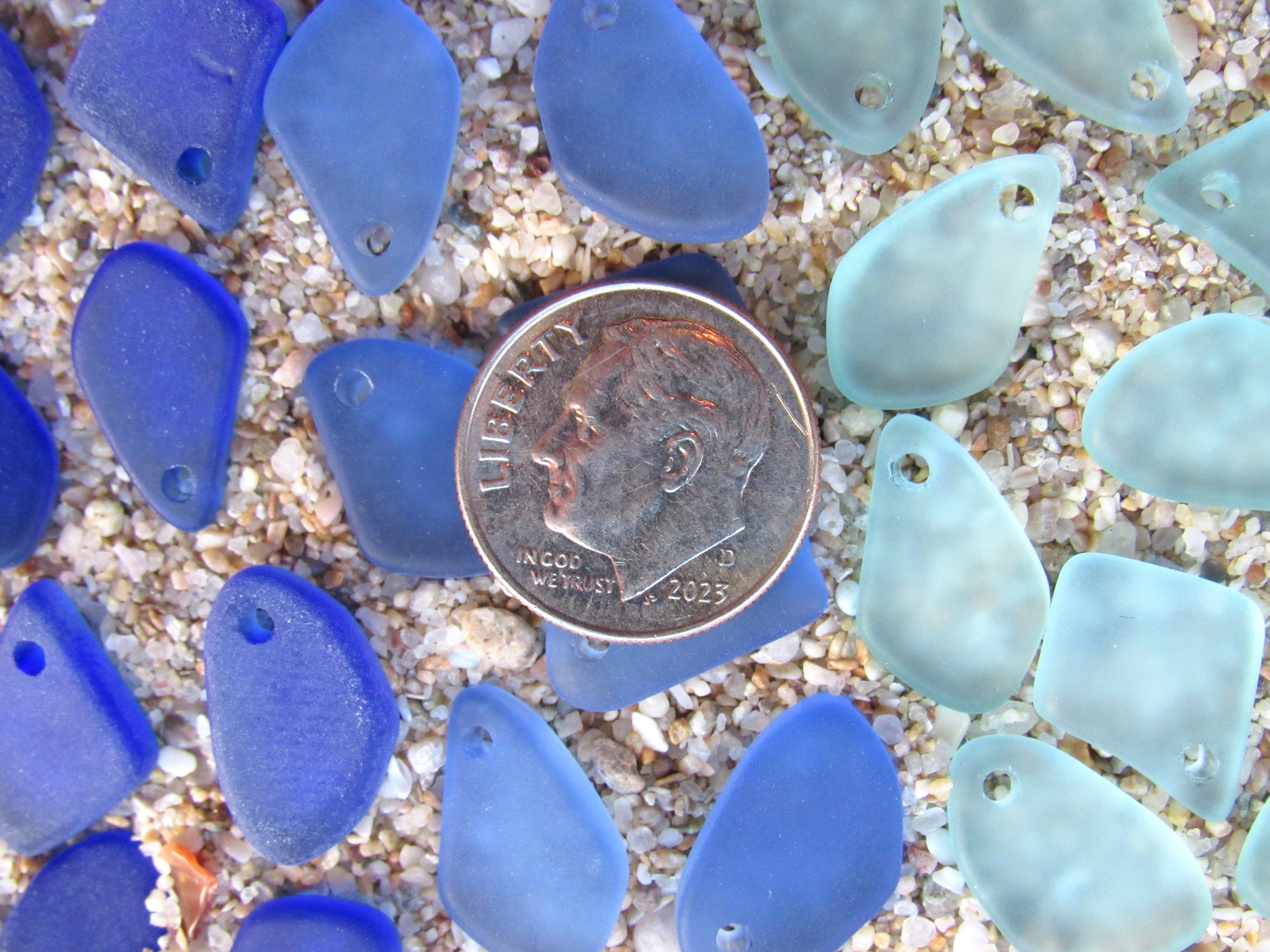 15mm Flat Frosted Sea Glass Finish Pendants - Blue 3 colors - Small top drilled beads - Jewelry Making