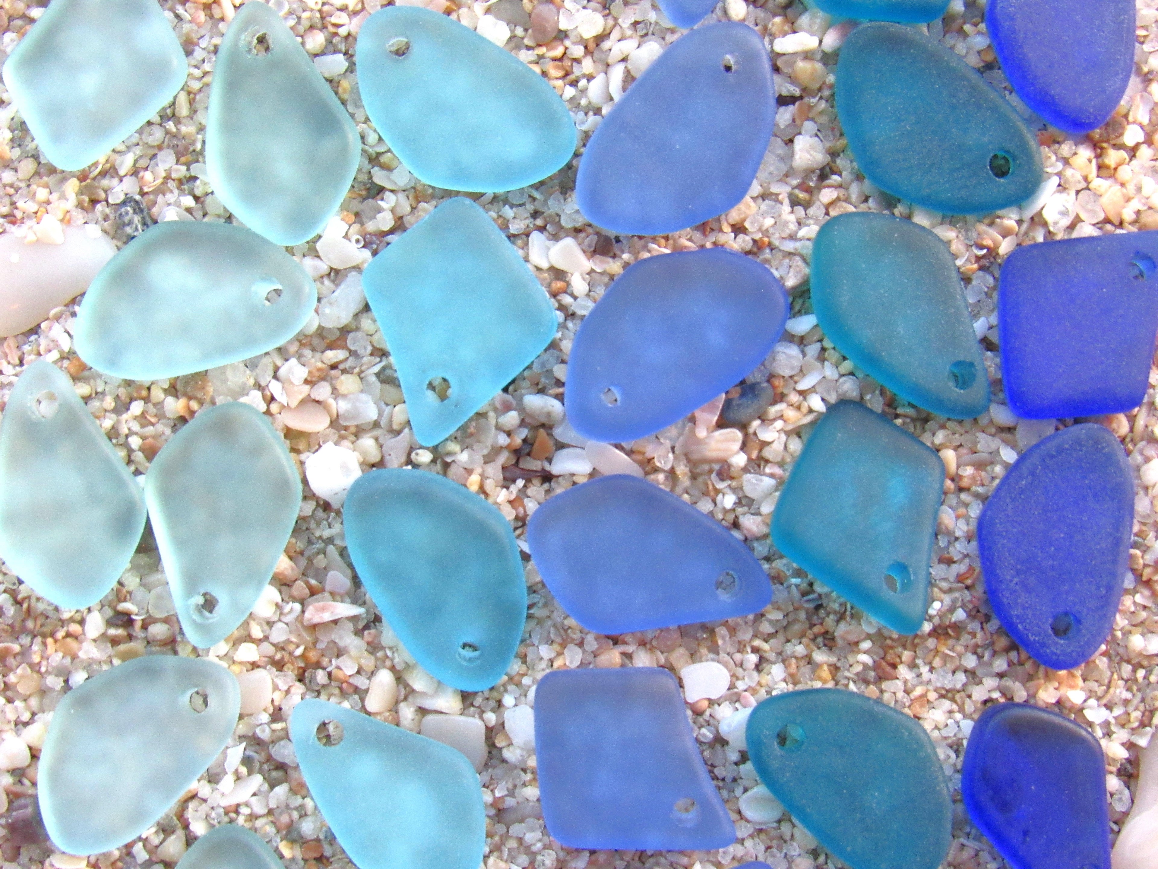 15mm Flat Frosted Cultured Sea Glass Pendants - Blue 5 colors - Small top drilled beads - Jewelry Making