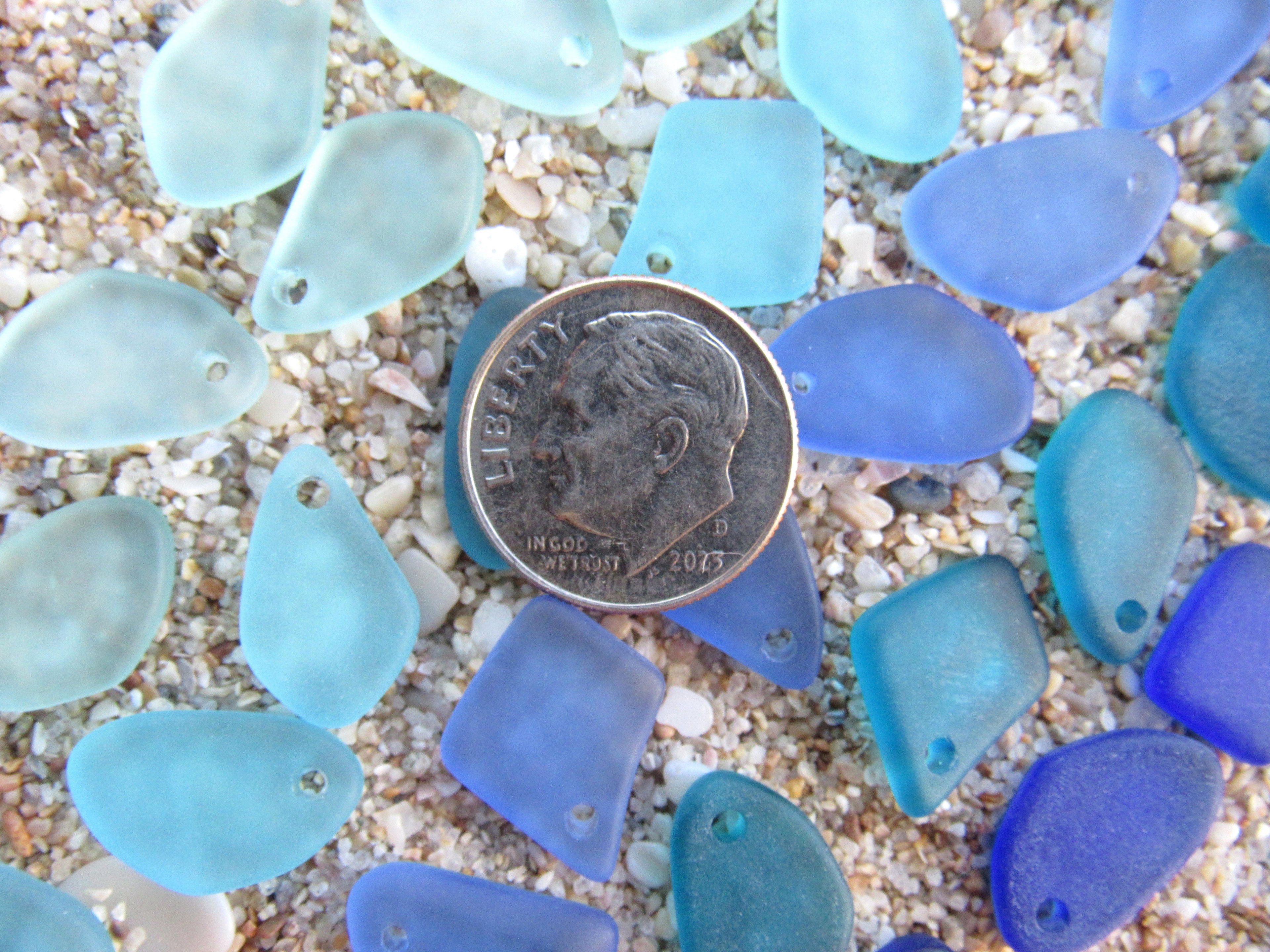 15mm Flat Frosted Cultured Sea Glass Pendants - Blue 5 colors - Small top drilled beads - Jewelry Making