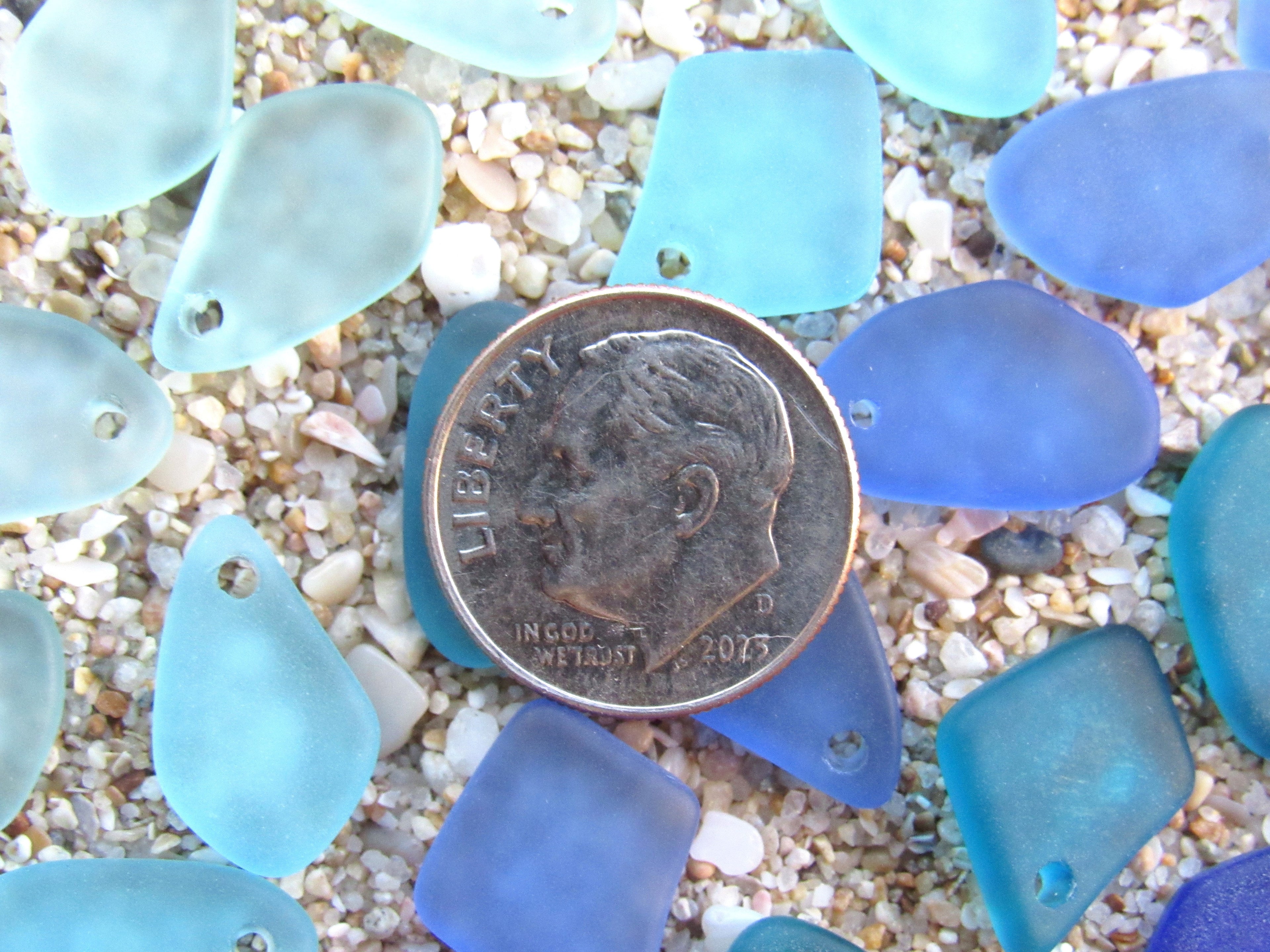 15mm Flat Frosted Cultured Sea Glass Pendants - Blue 5 colors - Small top drilled beads - Jewelry Making