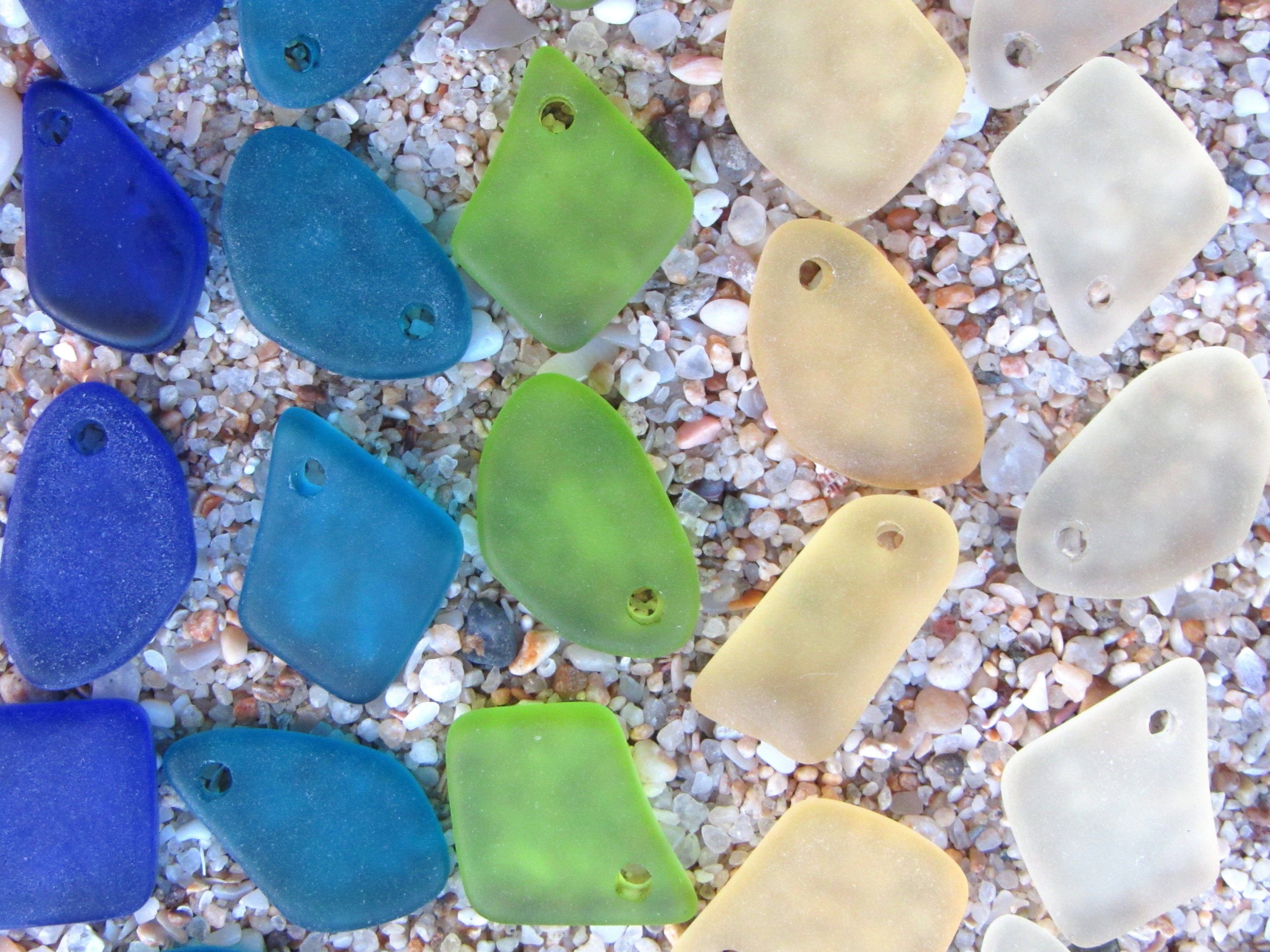 15mm Flat Frosted Cultured Sea Glass Pendants - Blue Green Yellow - Small top drilled beads - Jewelry Making