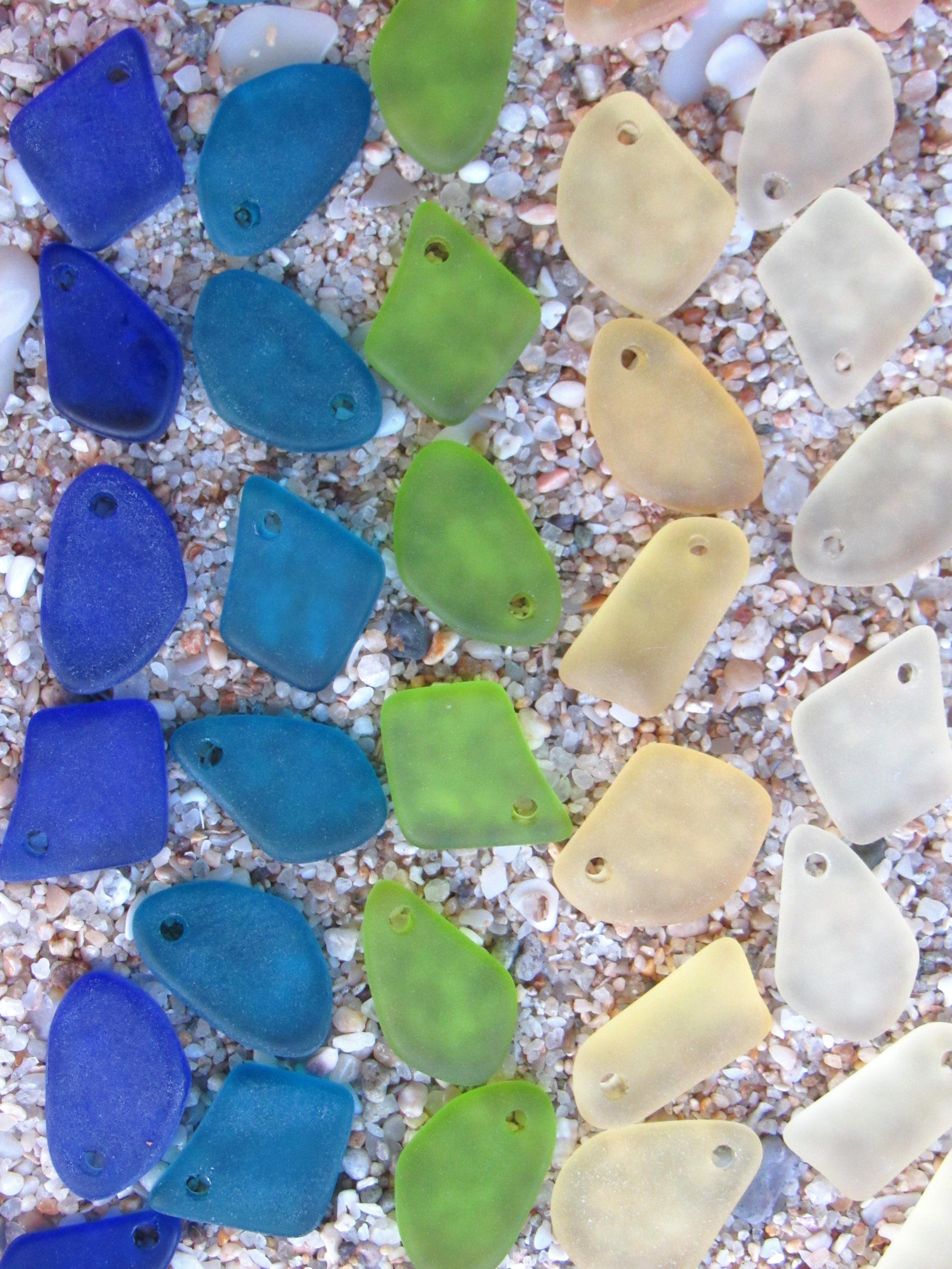 15mm Flat Frosted Cultured Sea Glass Pendants - Blue Green Yellow - Small top drilled beads - Jewelry Making