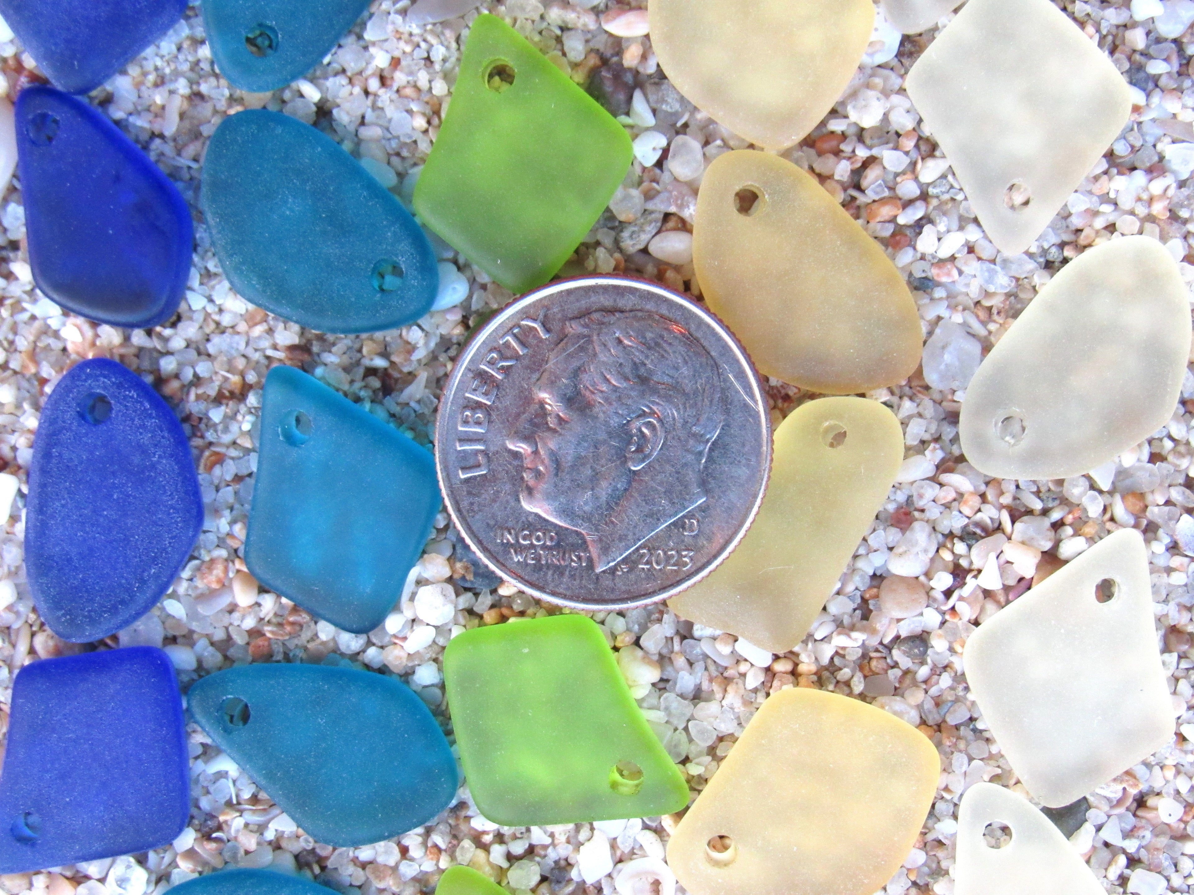 15mm Flat Frosted Cultured Sea Glass Pendants - Blue Green Yellow - Small top drilled beads - Jewelry Making