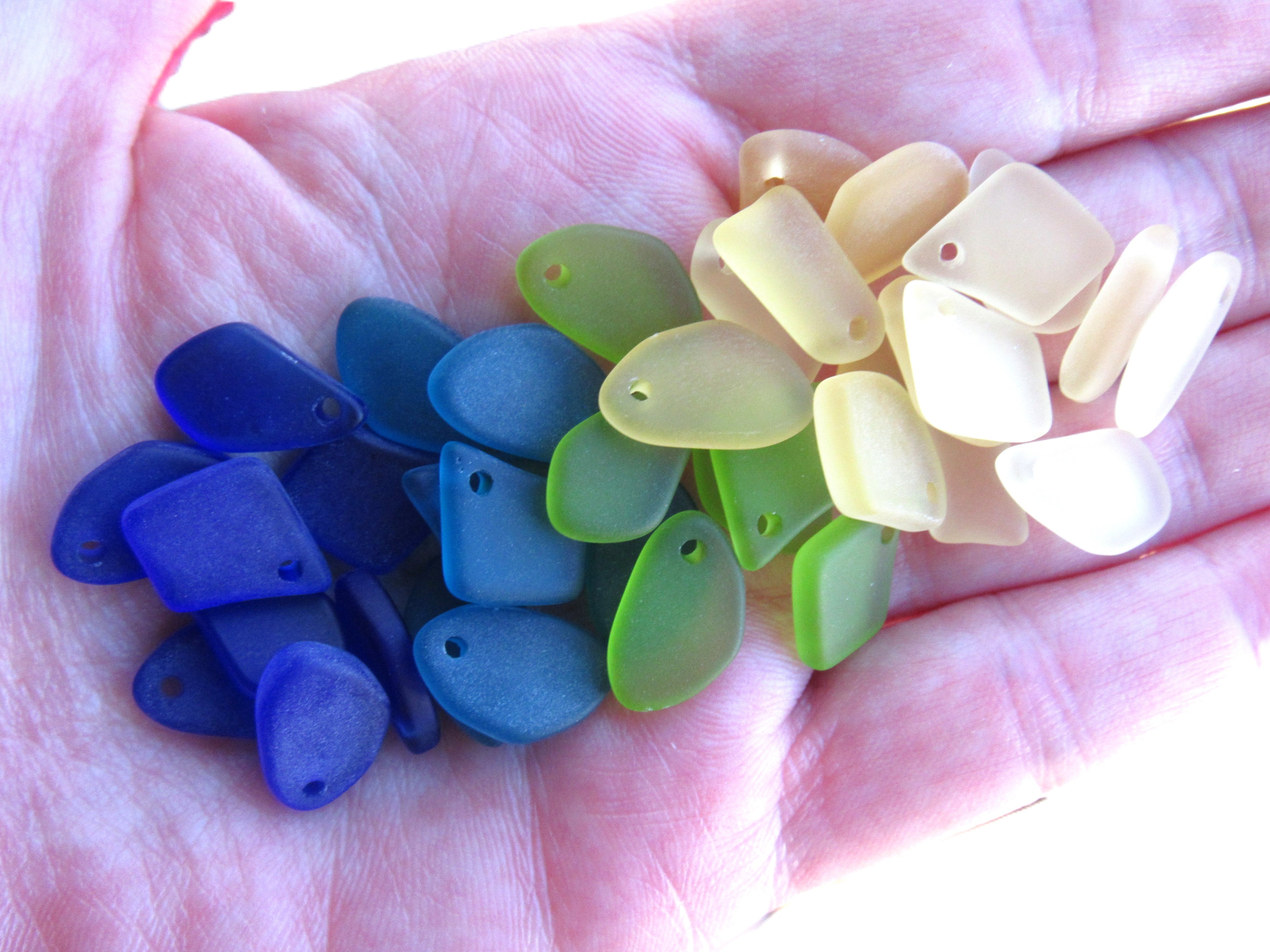 15mm Flat Frosted Cultured Sea Glass Pendants - Blue Green Yellow - Small top drilled beads - Jewelry Making