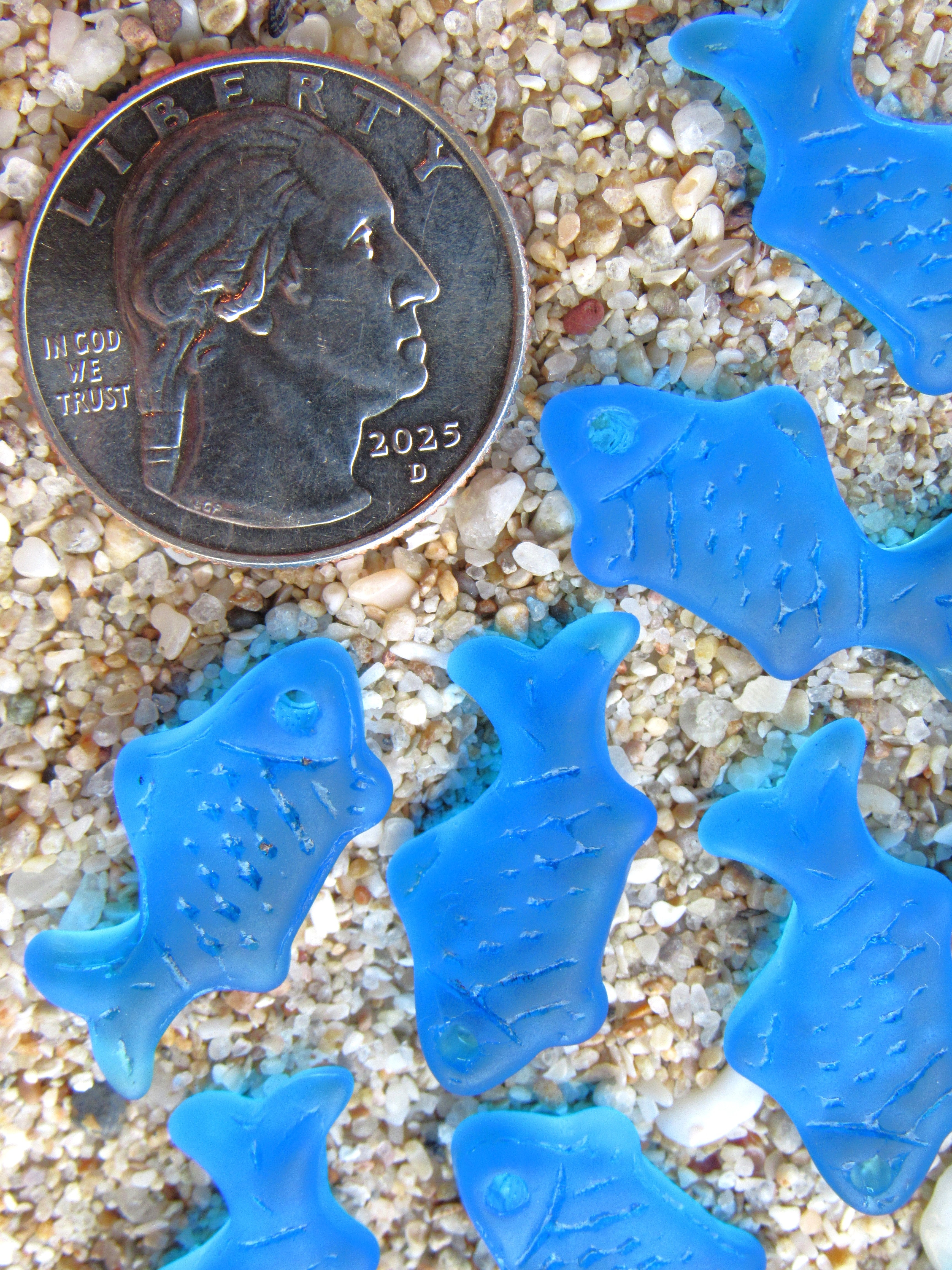 Cultured Sea Glass Fish Pendants - 24x12mm - Pacific Aqua Blue - Frosted Matte