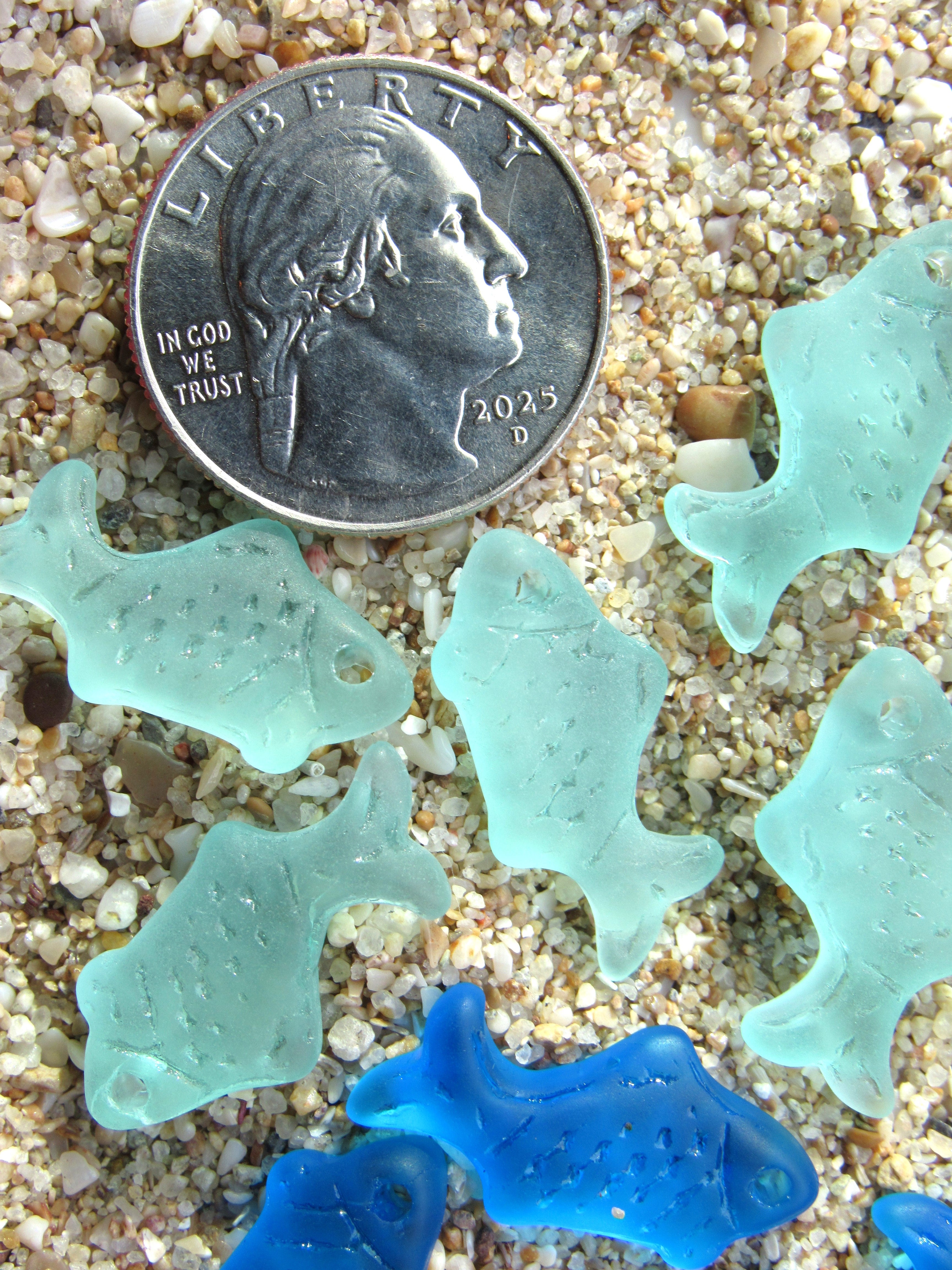 Cultured Sea Glass Fish Pendants - 24x12mm - Pacific Aqua Blue - Frosted Matte