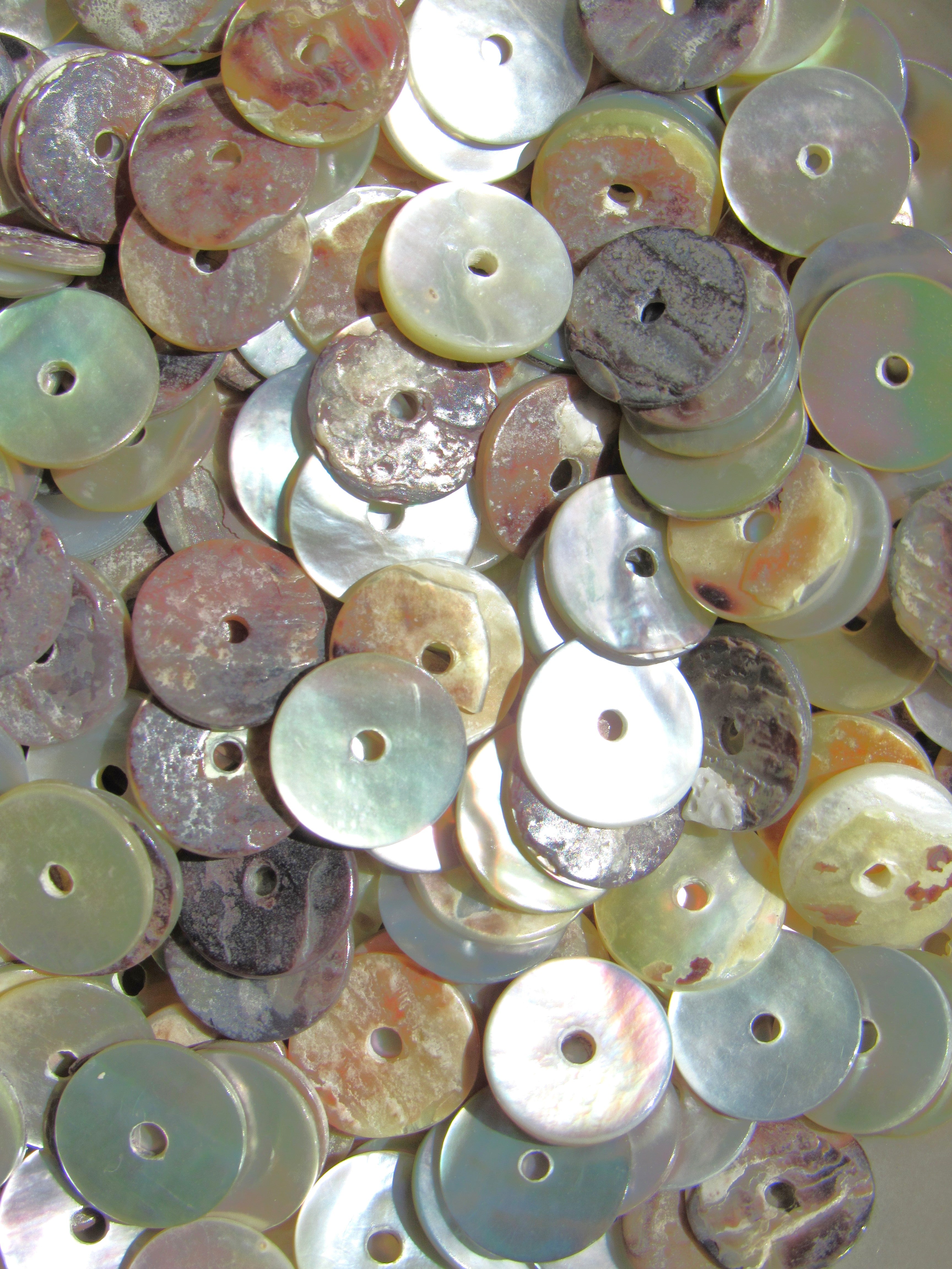 Akoya Oyster Shell Coin Beads - 10mm - Mother of Pearl Iridescent - Flat Round Disc