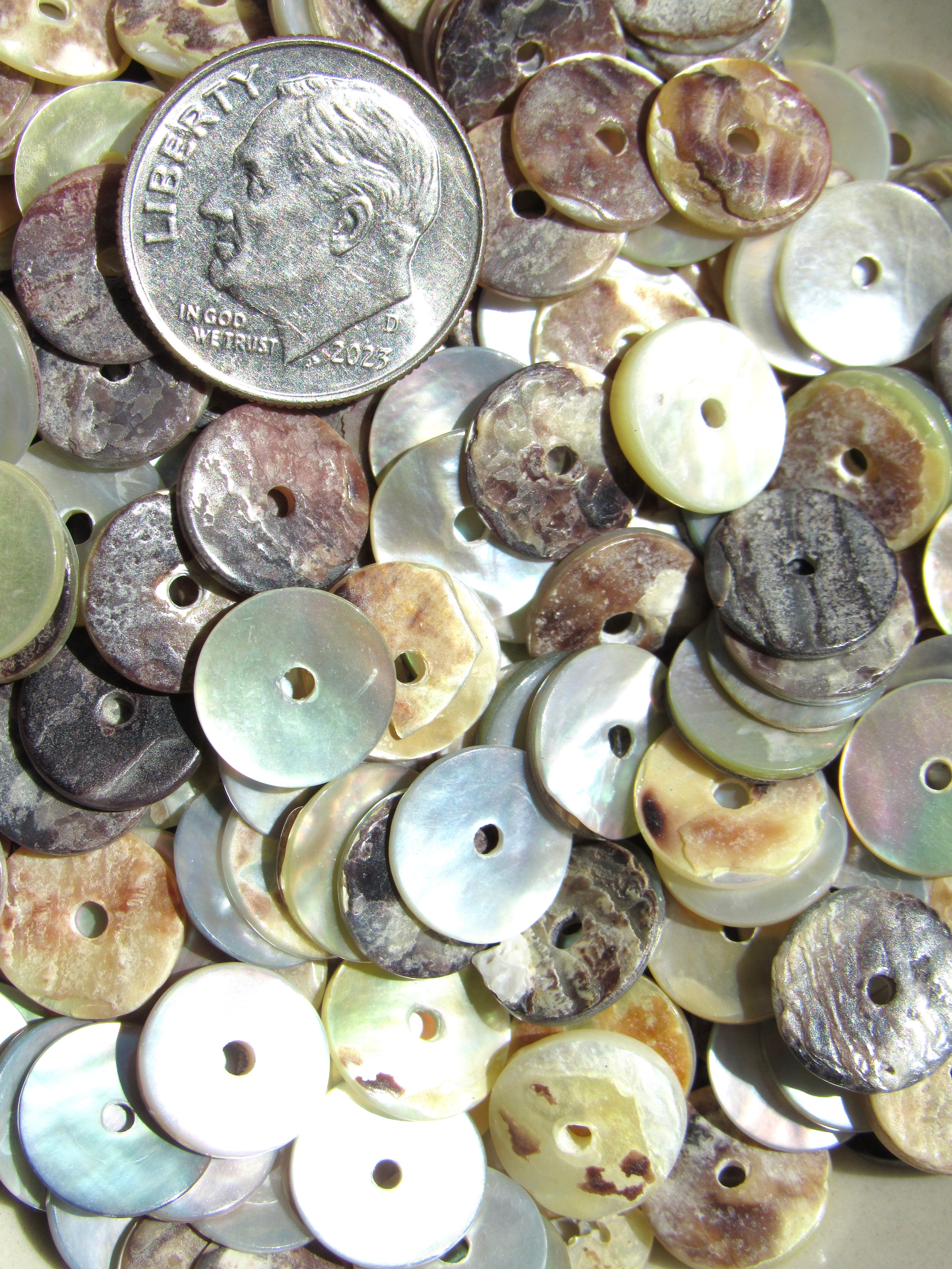 Akoya Oyster Shell Coin Beads - 10mm - Mother of Pearl Iridescent - Flat Round Disc