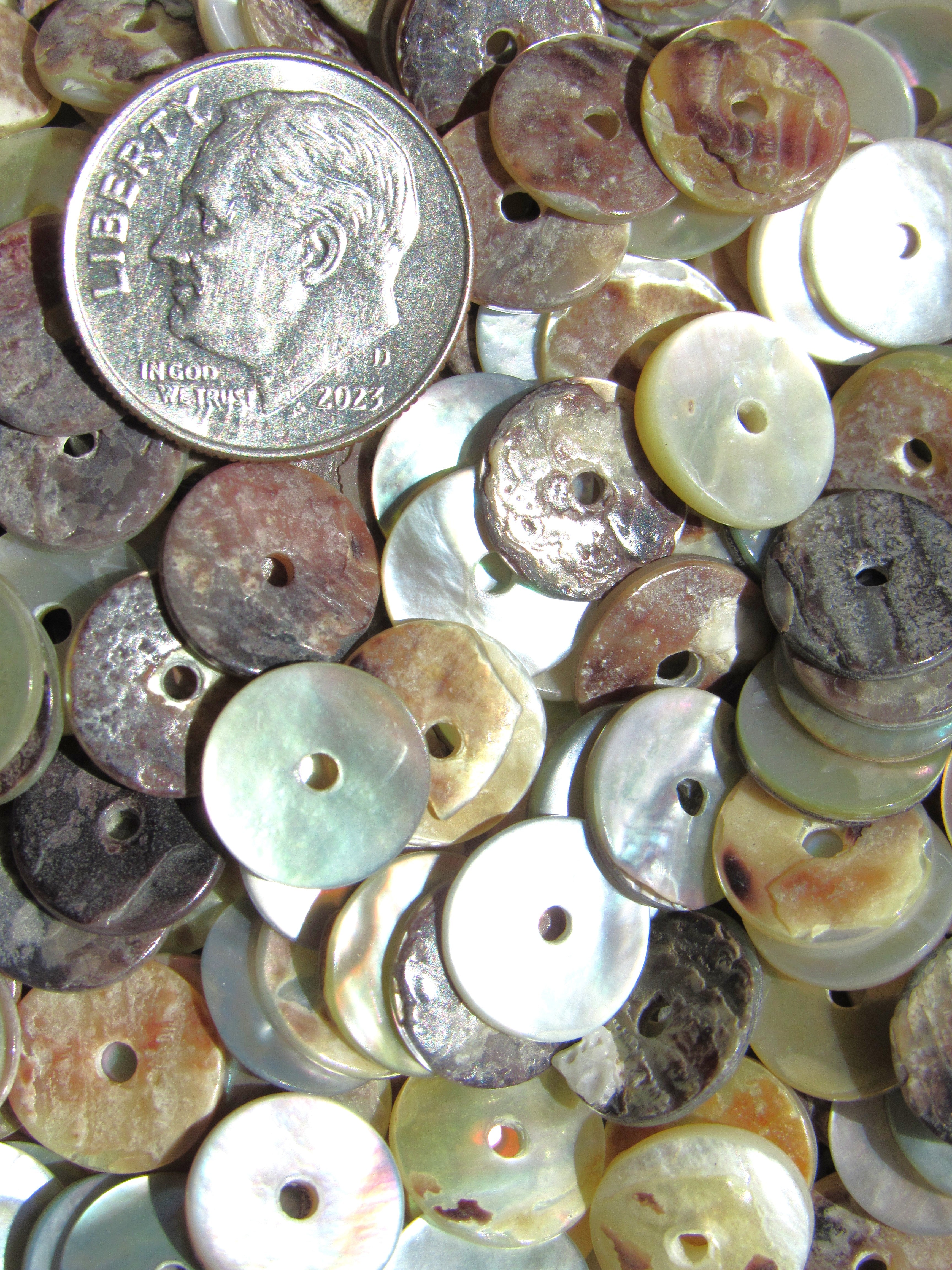 Akoya Oyster Shell Coin Beads - 10mm - Mother of Pearl Iridescent - Flat Round Disc