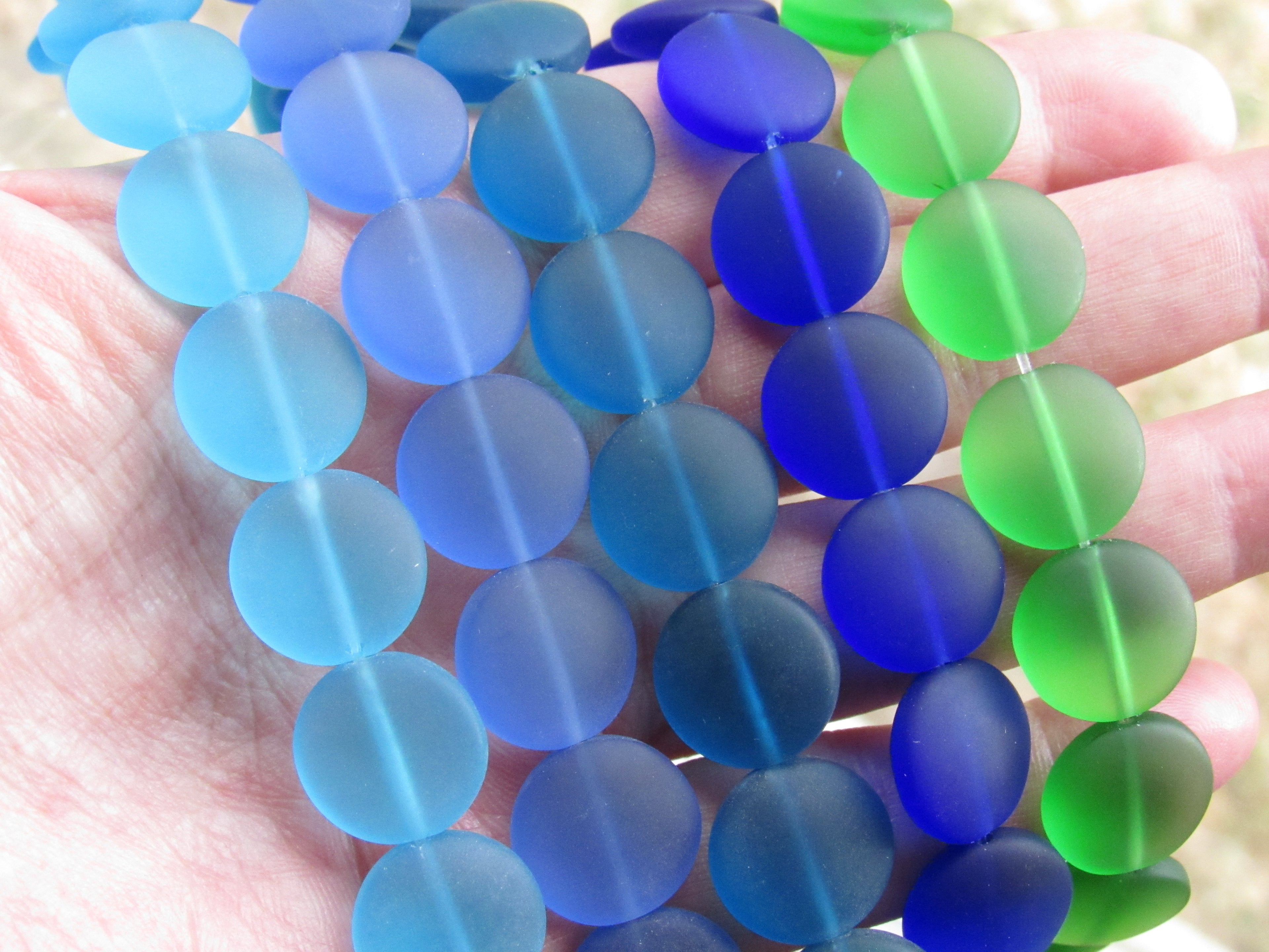 Cultured Sea Glass Puffed Coin Beads - 15mm - Assorted Blues & Green - 5 Strand Set