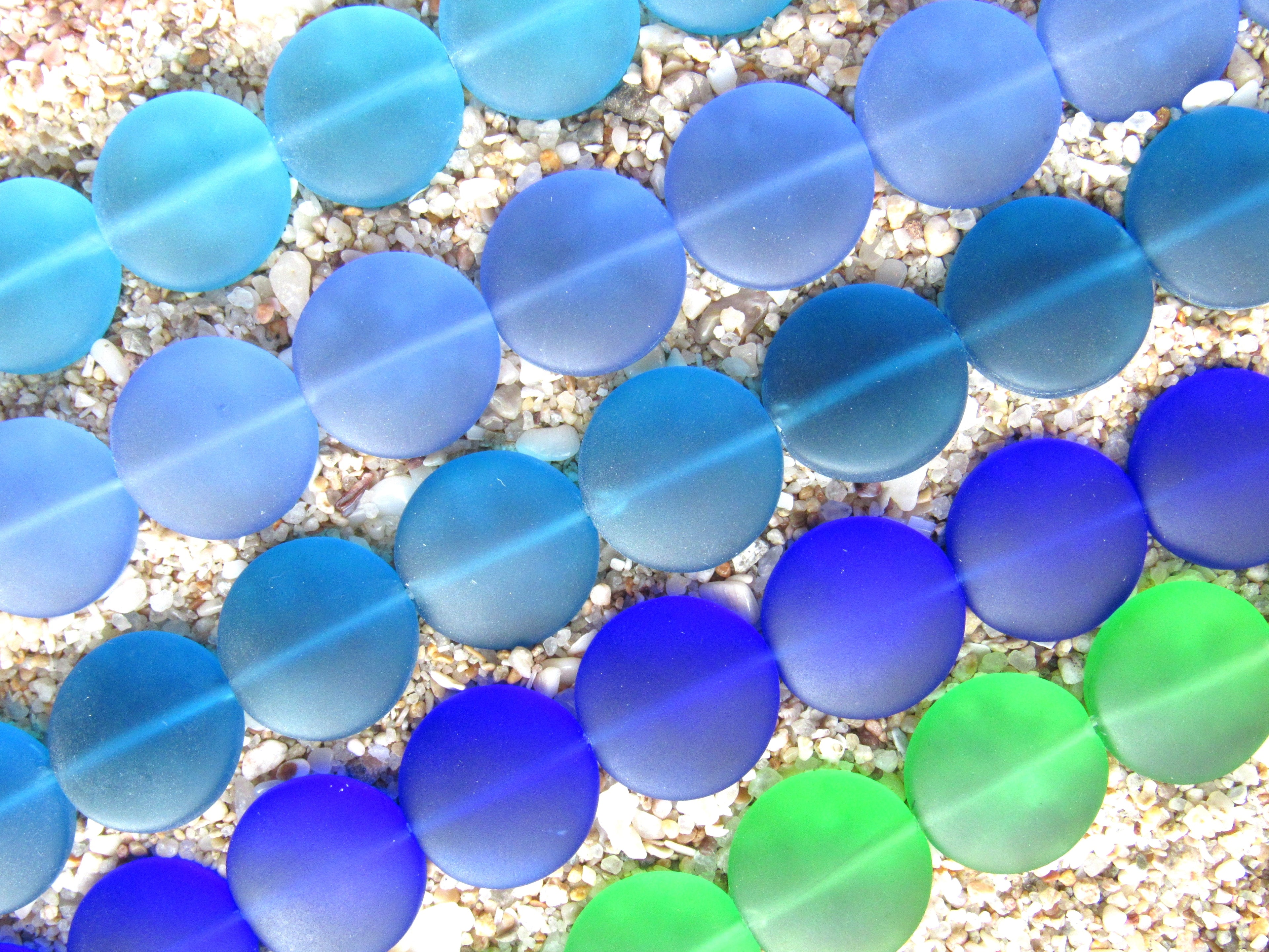 Cultured Sea Glass Puffed Coin Beads - 15mm - Assorted Blues & Green - 5 Strand Set