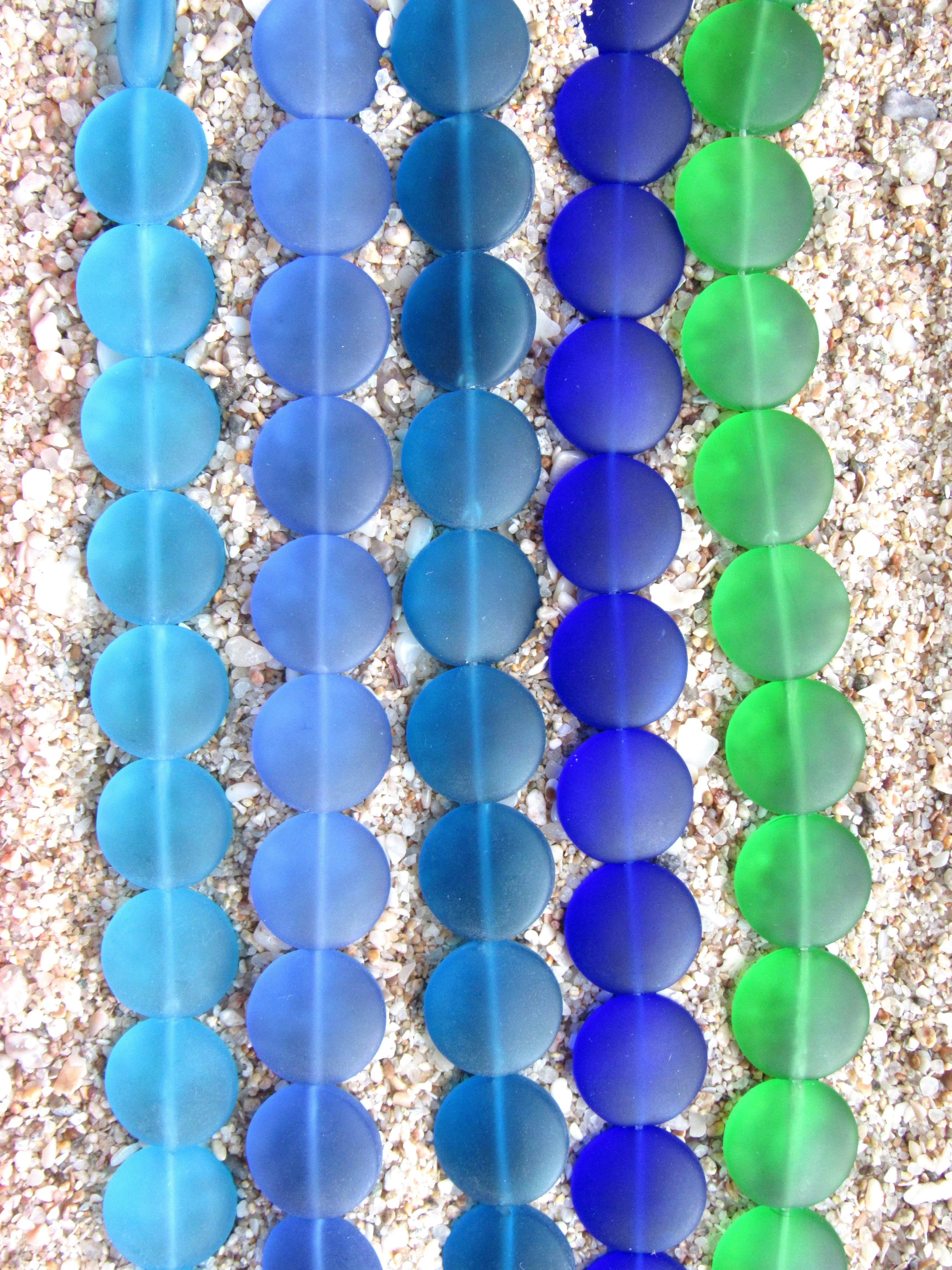 Cultured Sea Glass Puffed Coin Beads - 15mm - Assorted Blues & Green - 5 Strand Set