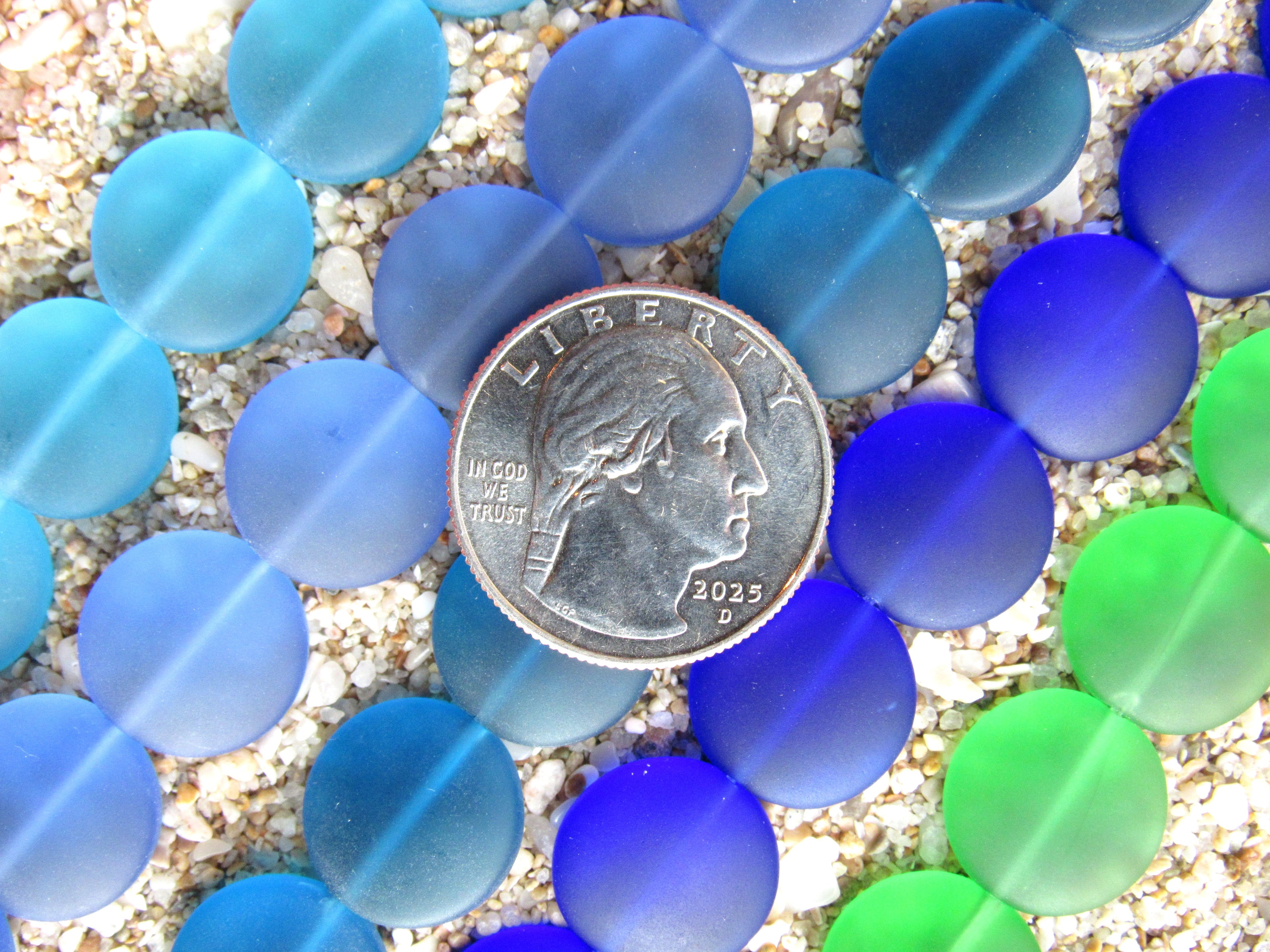 Cultured Sea Glass Puffed Coin Beads - 15mm - Assorted Blues & Green - 5 Strand Set